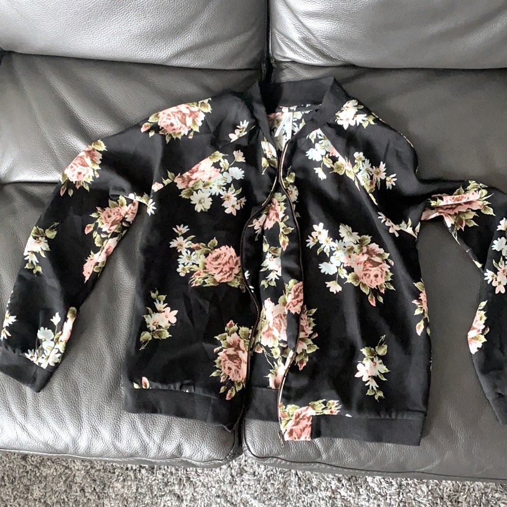 Black floral light weight bomber style jacket